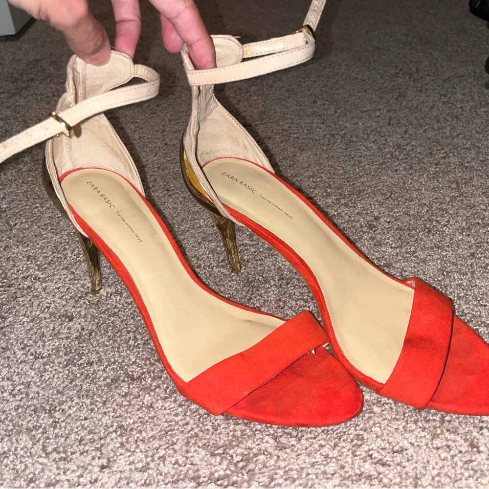 Zara Vibrant Red/orange and Beige Heels 8.5